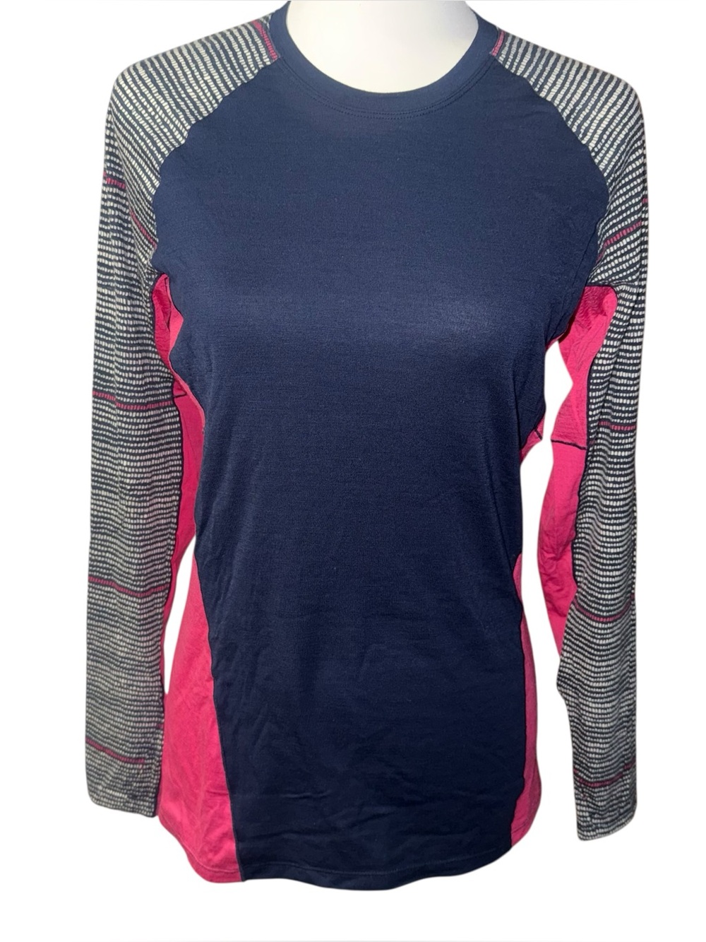 Icebreaker GT Merino Wool Base Layer Long Sleeve Top Navy Pink Striped Medium